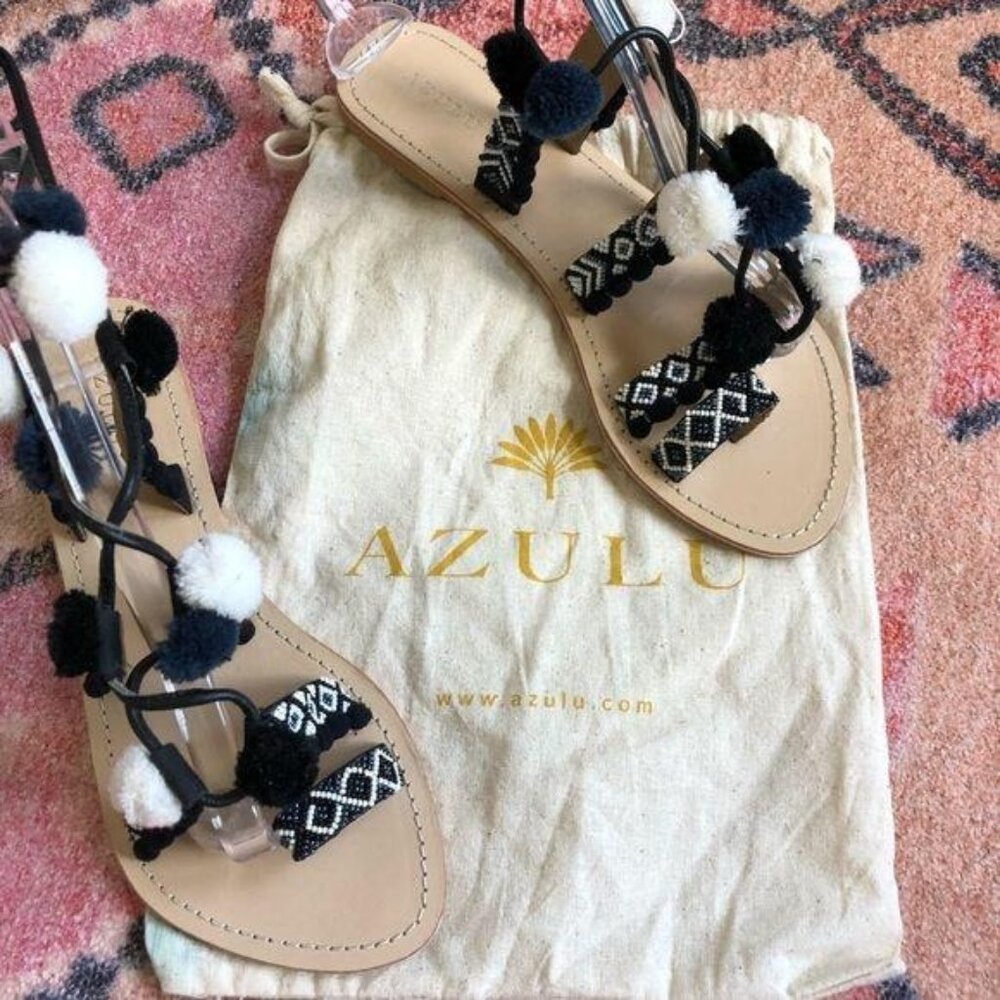 Azulu Anthropologie Beaded Gladiator Pom Pom Sandals Lace Up Flats